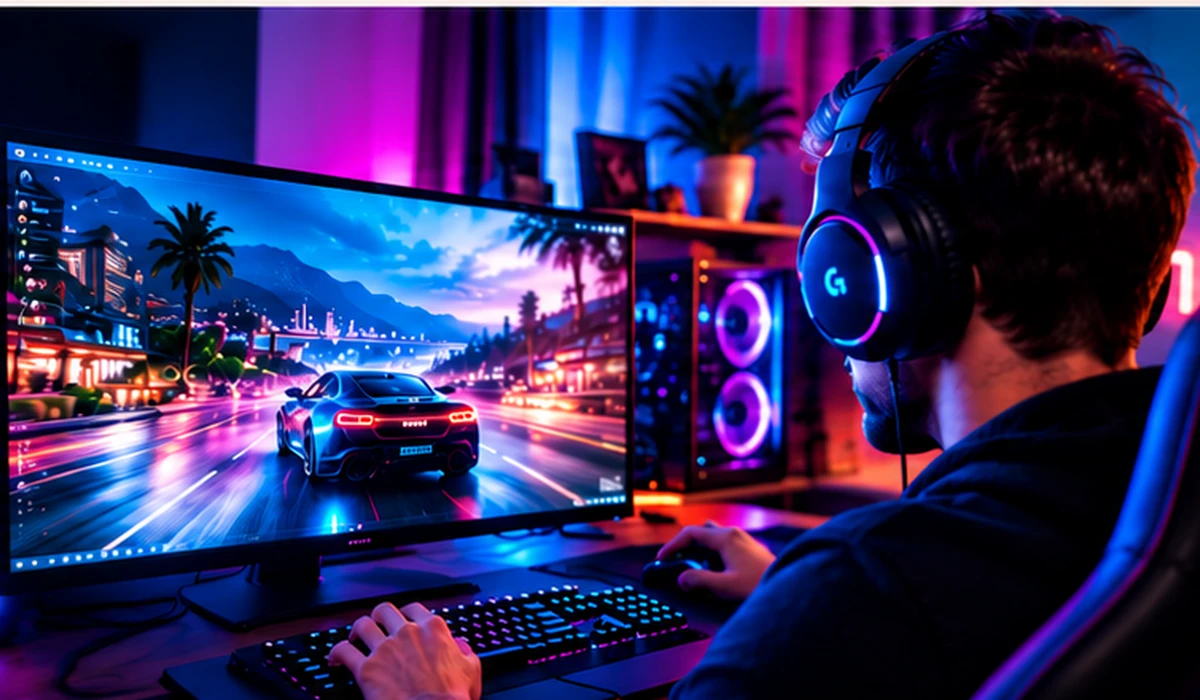 Jogador em ambiente gamer com iluminação tecnológica